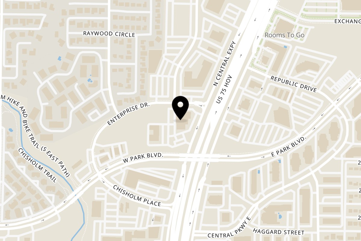 Map showing the location of JS International Grill on 2205 N Central Expy #130 in Plano